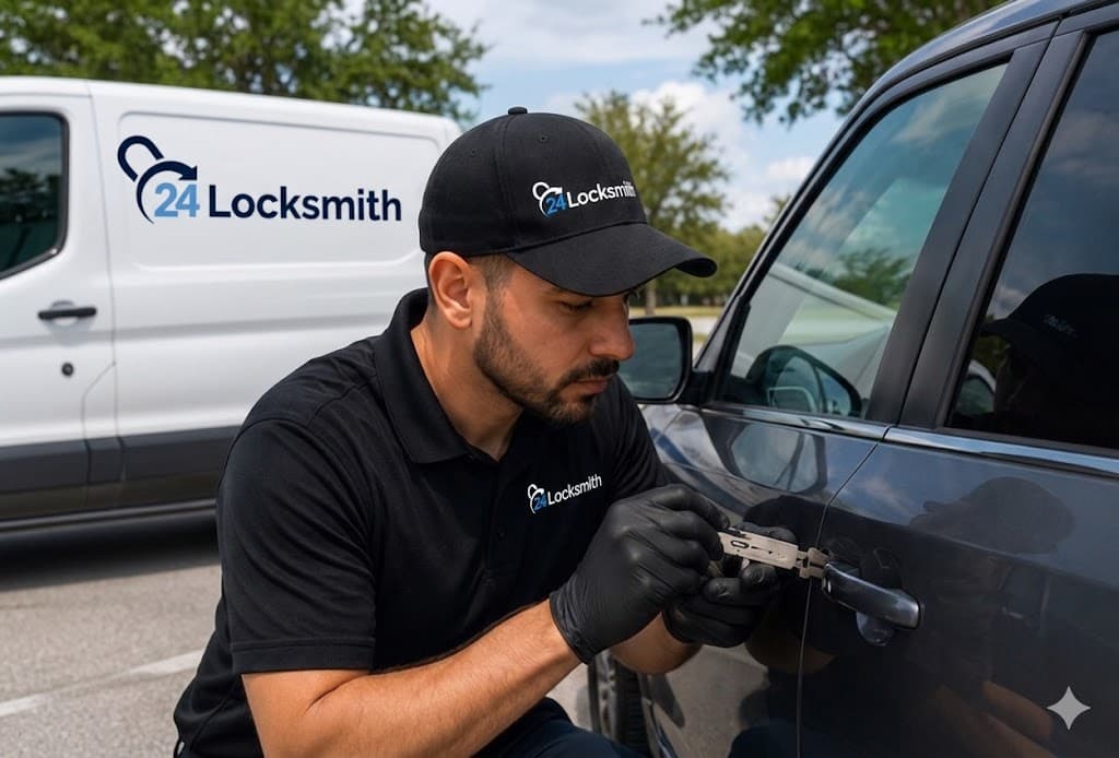 Mobile locksmith technician unlocking a car door in Tampa